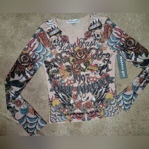 Madden Girl Tattoo-Inspired Long Sleeve Sheer Top Sz Med New W Tag